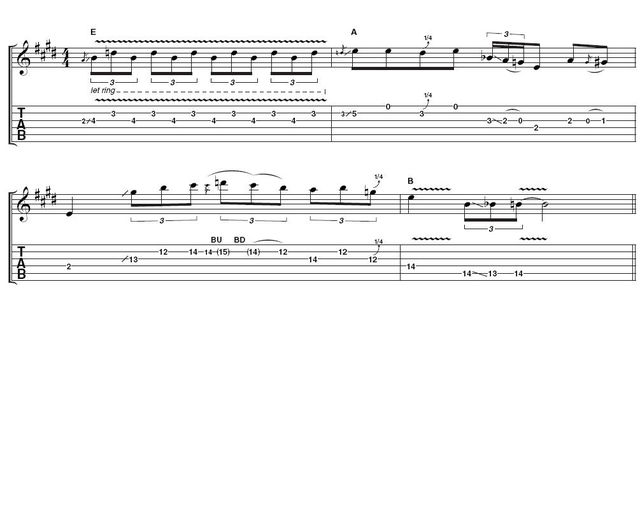 Example 4 - Low and high register combinations: This is more low register stuff that uses ringing notes and vibrato. There's no need to get bogged down in the first position, though, because the phrase swiftly moves up to the dusty end in bar 3. Triplets, sextuplets, vibrato and quarter-tone bends abound.